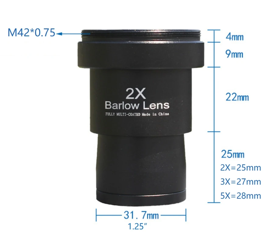 1.25inch Astronomical Telescope 2x 3x 5X Barlow Lens FMC Coated Eyepiece Eye Lens Metal TeleConverter with T2 M35*1mm Interface