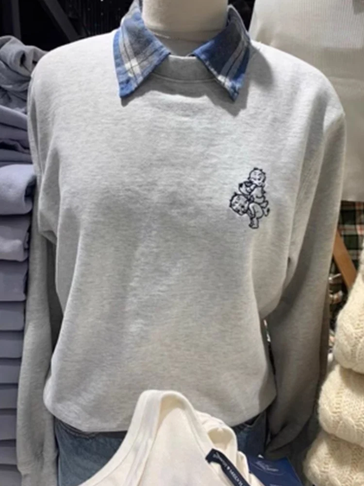 

Casual Women Grey Solid Color Sweatshirts 2023 Fall Vintage O Neck Angel Embroidery Sweatshirts Female Chic Pullovers