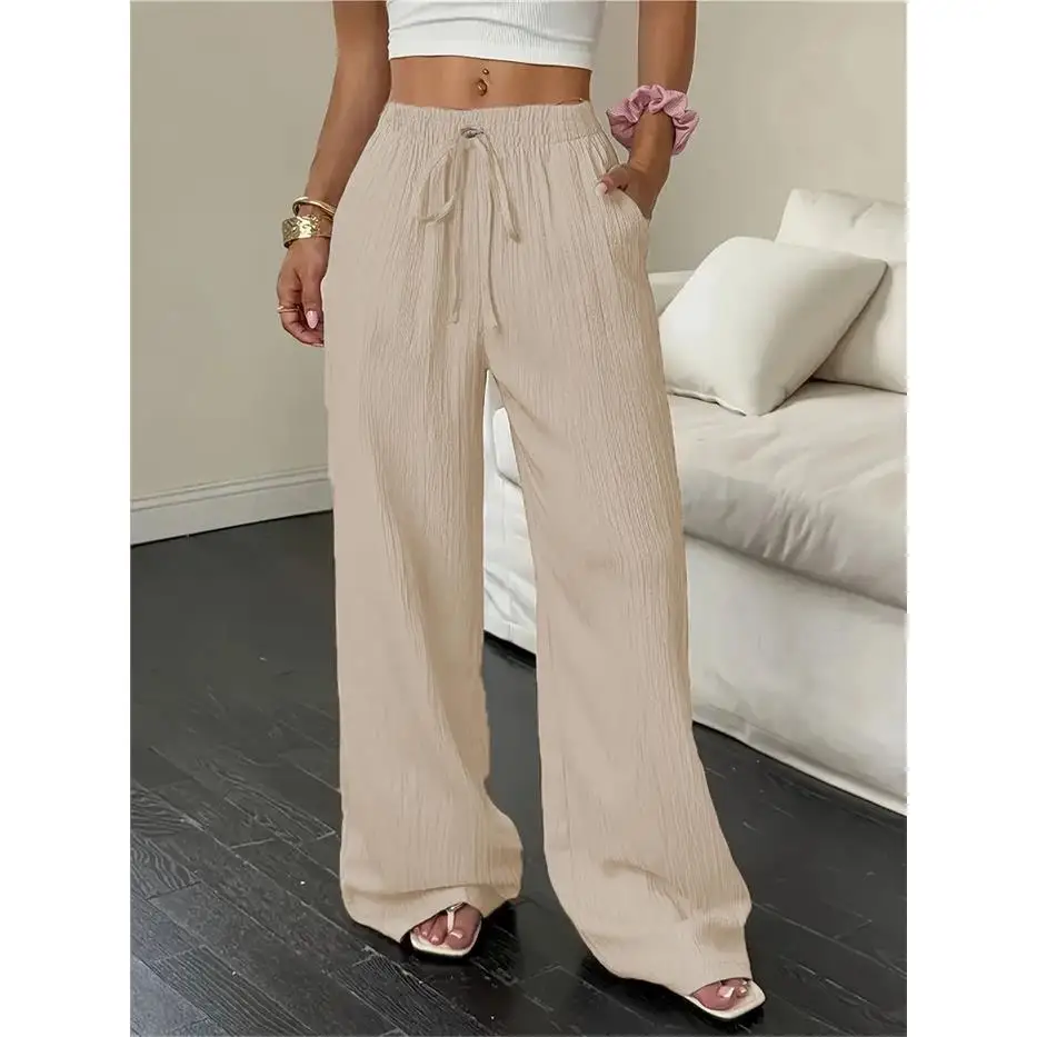 Cleanfit Pure Color Texture Fabric Elastic Waist Straight Leg Pants Long Trousers Women's Casual Pants mid Low Waist Elastic