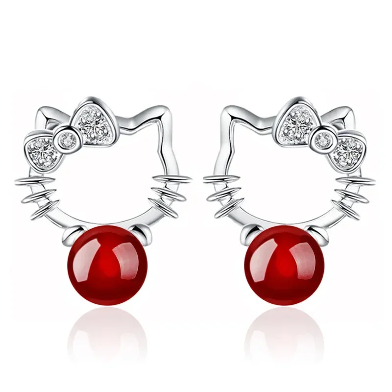 New Sanrio Hello Kitty Earrings Women 925 Silver Needle Super Flash Cubic Zirconia Pearl Earrings Fashion Kitten Jewelry Gift