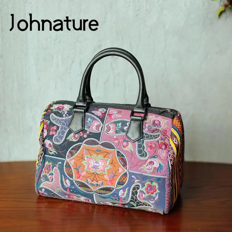 Johnature Luxury Women Handbag 2024 New National Style Exquisite Double-sided Embroidery Handmade Large Capacity Ladies Bags