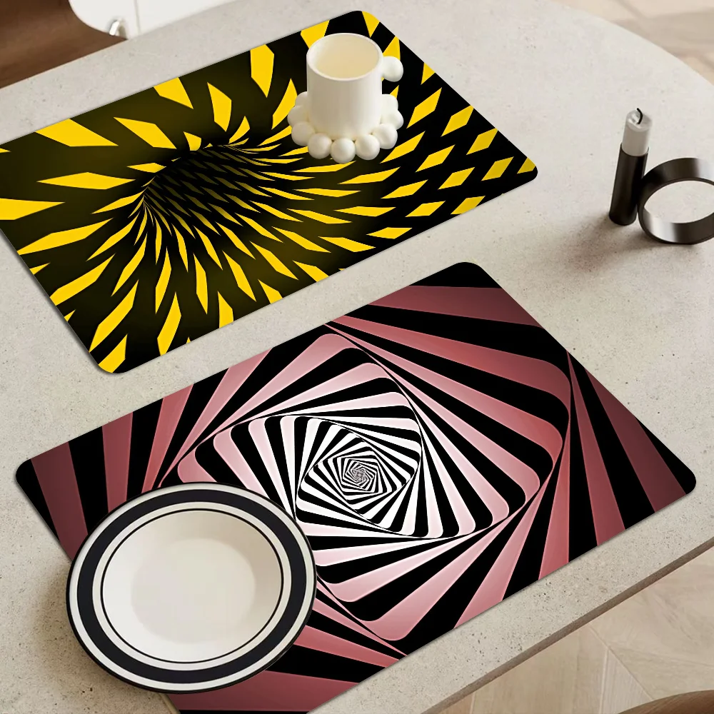 

3D Vortex Illusion Printed Dish Drying Mat Super Absorbent Coffee Drain Pad Tableware Quick Dry Rug Kitchen Dinnerware Placemat