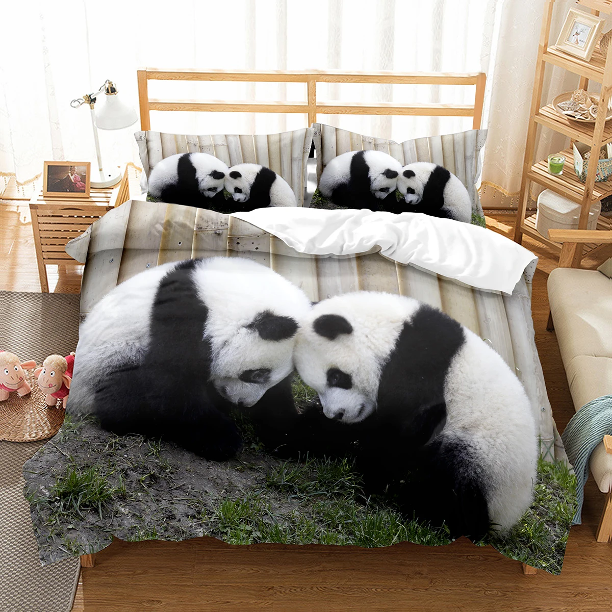 Panda Duvet Cover Set Cute Wild Animals Polyester Comforter Cover King Queen Size for Kids Boy Girl Bedding Set with Pillowcase