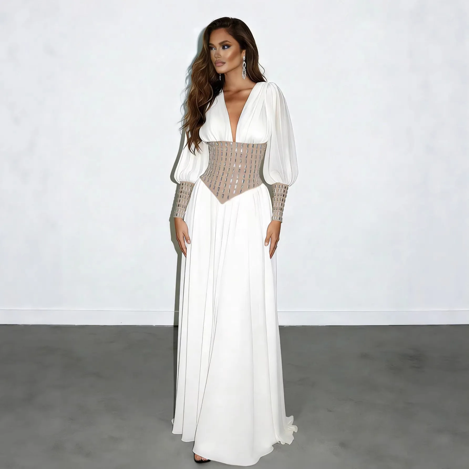 

2026 Resort Style V-neck Bell-sleeve Pleated Gradient Print Dress Gown Long Skirt