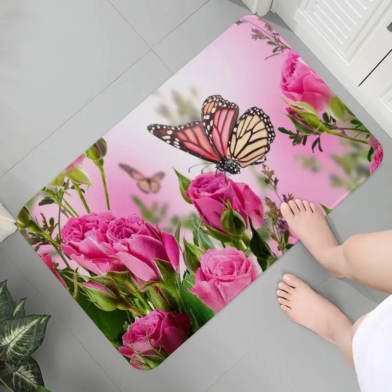 Flower butterfly printed pattern flange facing floor mat home living room kitchen bathroom decoration carpet non slip door 