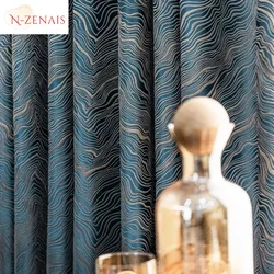 Custom Size Modern Blue Jacquard Luxury Curtain for Living Room Precision Nordic White Tulle Bedroom Blackout Drapes Window