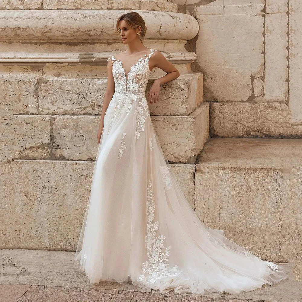 

Boho Bride Wedding Dresses Cap Sleeve Lace Applique Luxury Brides Dress Illusion Bridal Gown 2025 Robe De Mariee Customized
