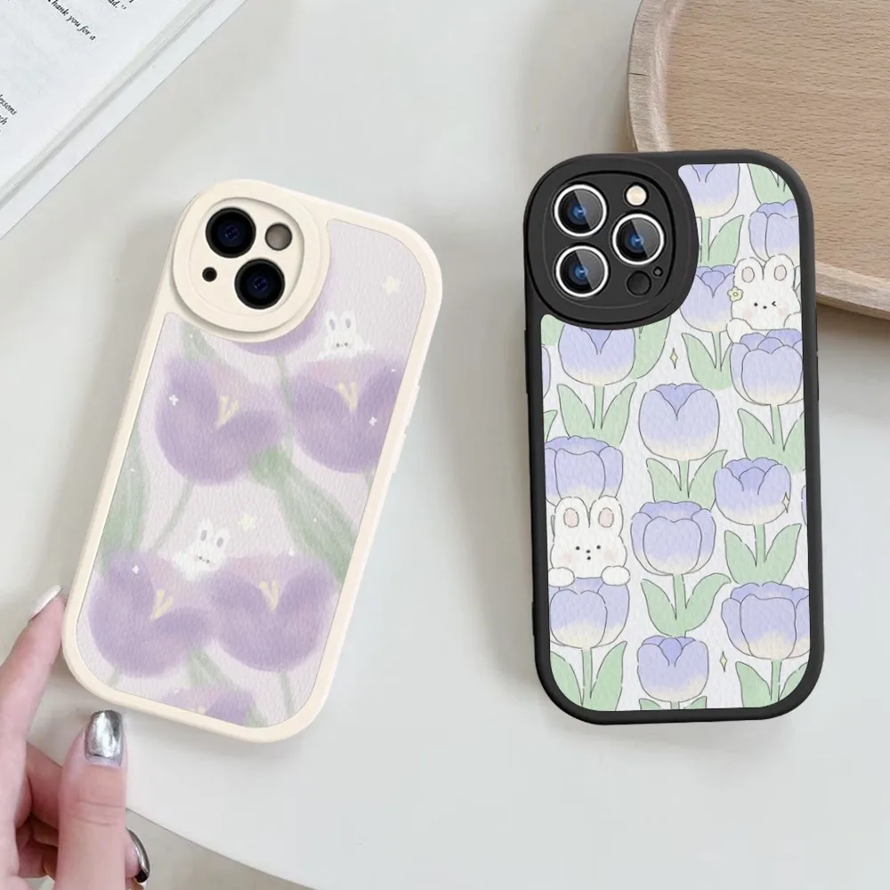 Purple Tulip Phone Case Hard Leather For iPhone 14 13 12 Mini 11 14 Pro Max Xs X Xr 7 8 Plus Fundas