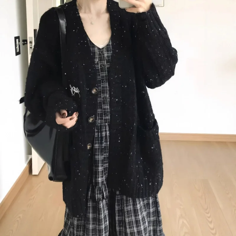 

Autumn Korean Style Loose Knitted Cardigan Women, Elegant Single-Breasted Mid-Length Sequin Sweater