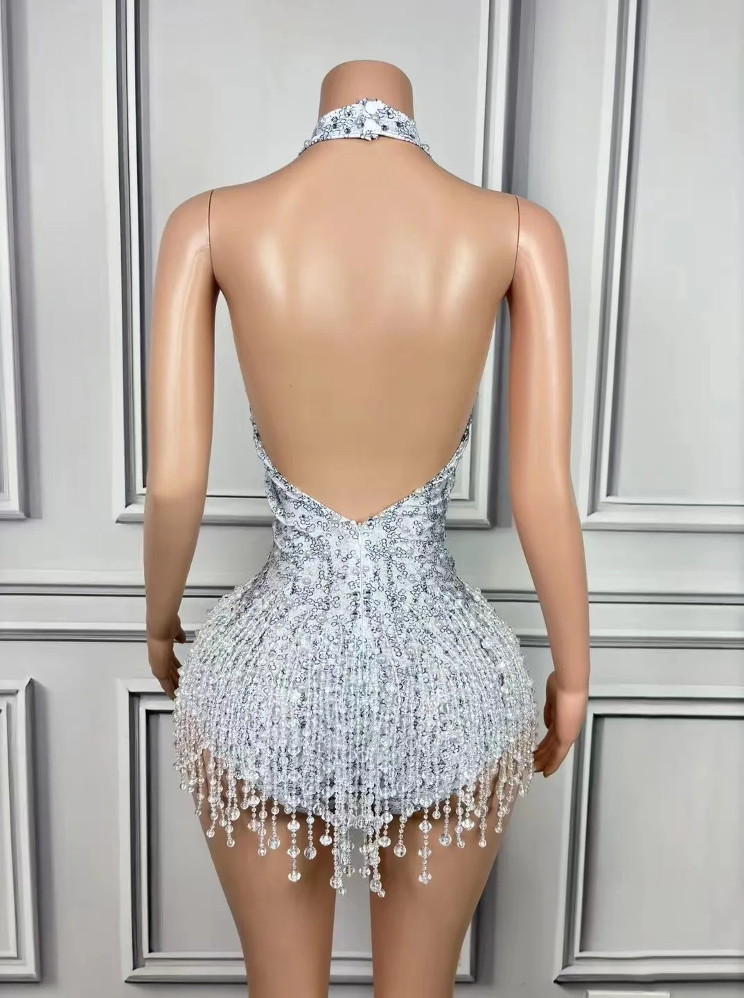 Sexy Deep V Neck Backless Performance Dance Costume Sparkly Rhinestones Pearls Fringes Bodysuit Dancer Stage Wear Club Outfit