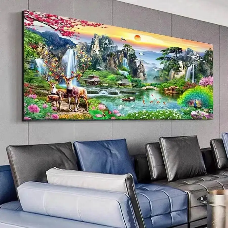 Fullcang Diy Big Size Diamond Painting Natural Scenery Waterfall Full Mosaic Embroidery Mountain Landscape Picture Wall Decor