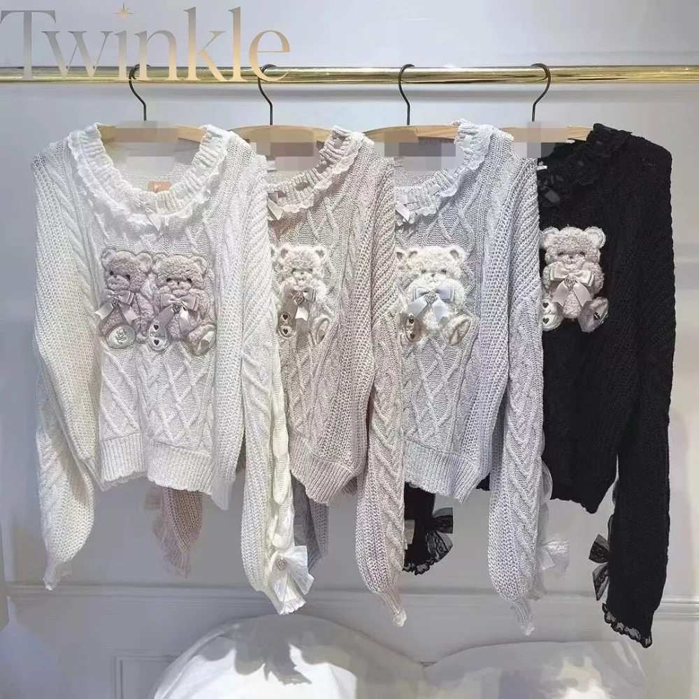 Kawaii Lolita Twin Bear Knit Sweater Women Cute Japanese Cartoon Bear Pullover Classic Winter Warm Long Sleeve Cozy Jumper