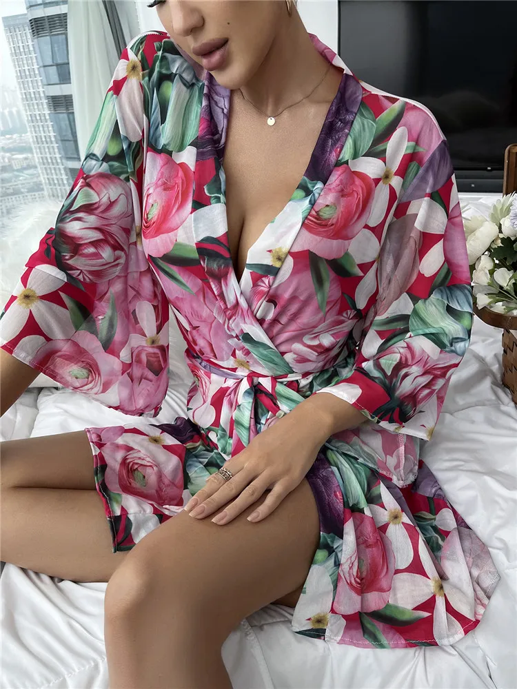 Floral Print Trumpet Sleeve Self Tie Night Robe Vacation Bathrobe Mesh Soft Sleepwear Short Kimono