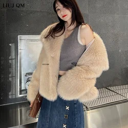 Women Fluffy Jacket Winter Clothes Short Faux-Fox Fur Coats Korea Lapel Casual Black Outwear Female Thick Warm Plush Overcoat