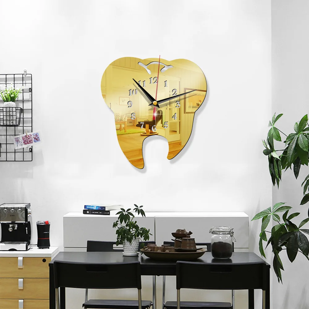 Creative Personality Tooth-Shaped Mirror Wall Clock Modern Dental Ornament 3D Acrylic Backdrop Wall Stickers Modern Home Decor