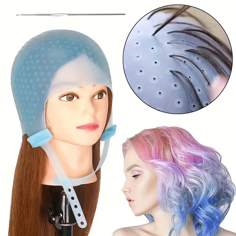 

Reusable Silicone Hair Coloring Highlighting Cap with Metal Hook Heat-Resistant Hair Dyeing Tool Salon Hairdressing Tipping Caps