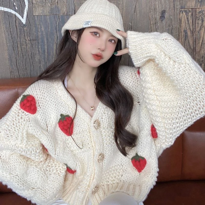 Autumn Strawberry Knitted Cardigan Women Sweet Cute Long Sleeve Loose Sweater Jacket Fashion Chic Warm V Neck Cardigan Coat