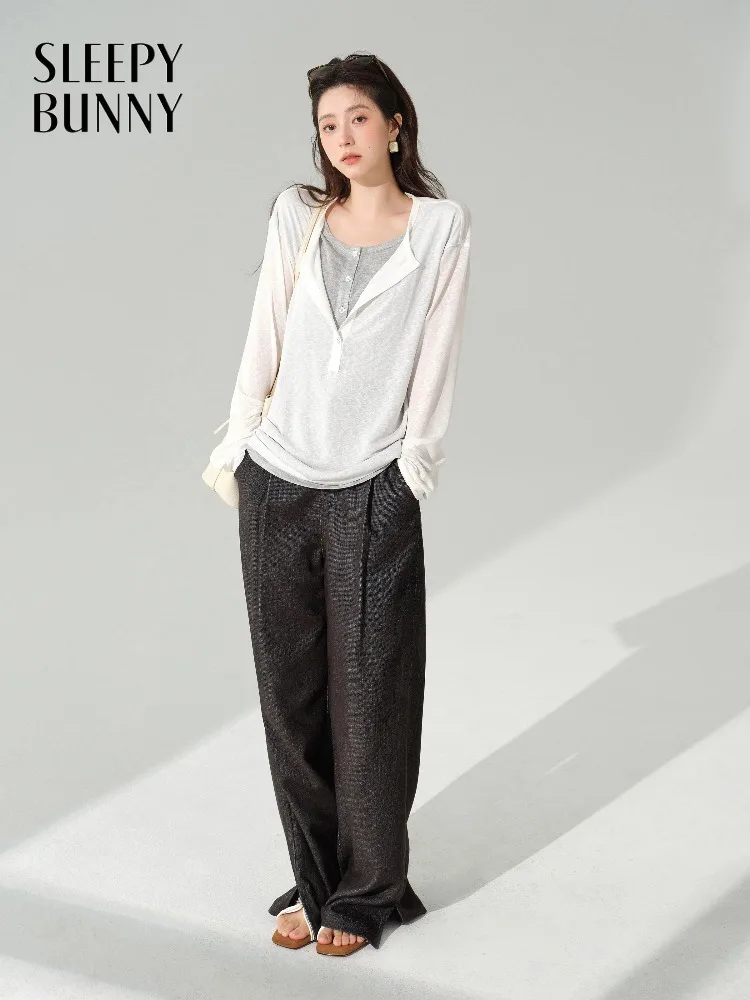 

Свободная футболка с длинным рукавом, женский искусственный топ из двух предметов, дышащая мягкая повседневная осенняя блузка с контрастным дизайном, стильный многослойный