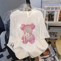 Heavy Industry Bead Embroidery Bear Pattern 3d Cotton T-shirt Women's Summer 2024 New Large Size Loose Top