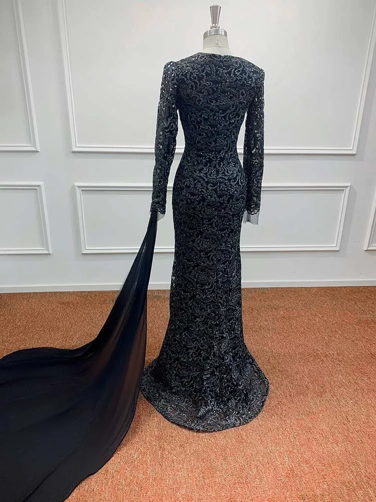 Mermaid Black Lace Evening Dresses Beading V Neck Elegant Crystal Vestido De Fiesta Wedding Party Gowns Formal Robe De Soiree