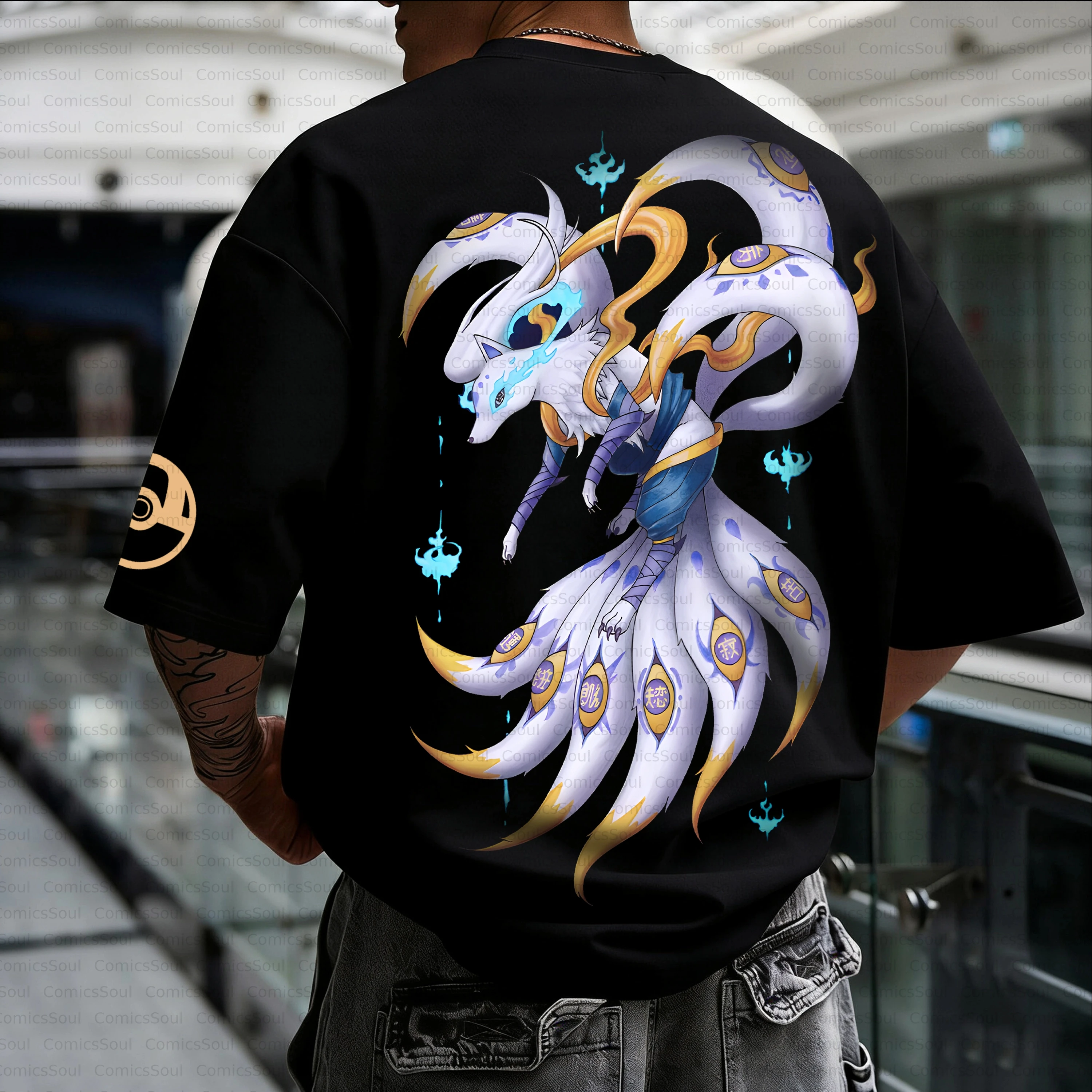 Camiseta de Algodón Pokémon Verano 2026, Personaje Zorro de Nueve Colas, Estampado Trasero, Efectos de Llama Azul, Corte Holgado, Ropa Casual Urbana para Hombre