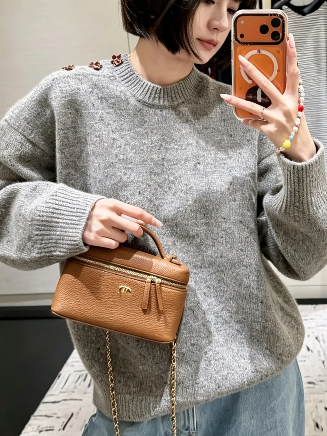 Women's Slouchy Round Neck Knitted Sweater Grey Button Detail Top Loose Fit Versatile Long Sleeve Pullover