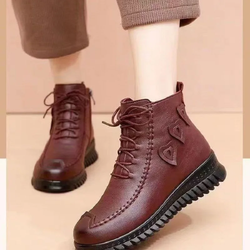 Female PU leather boots waterproof snow plush shoes black wine red  ankle boots women daily short boats  buty damskie