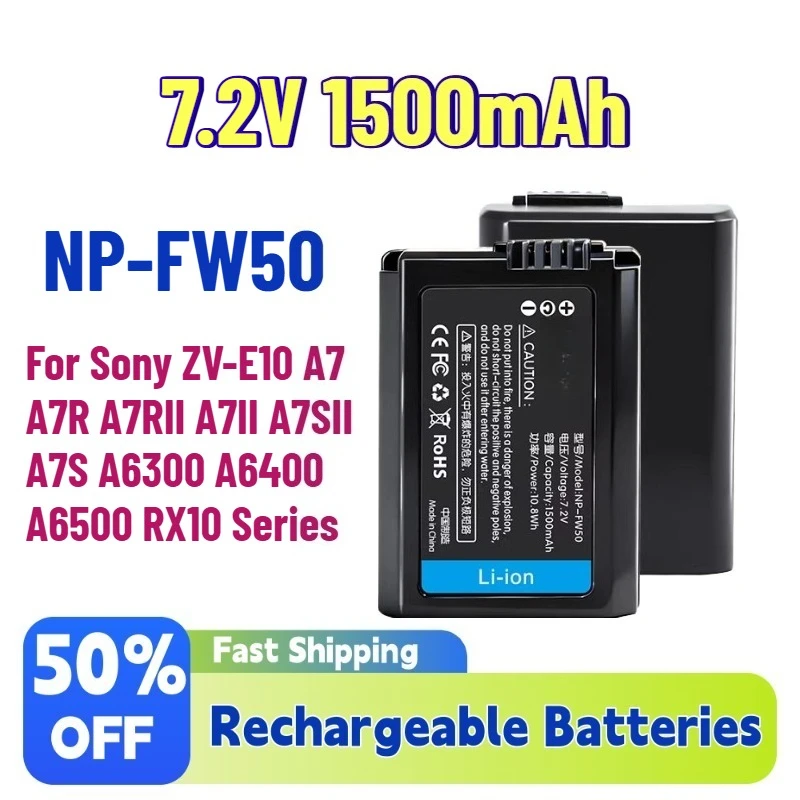 

Upgrade New 7.2V 1500mAh NP-FW50 NPFW50 Li-ion Battery for Sony ZV-E10 A7 A7R A7RII A7II A7SII A7S A6300 A6400 A6500 RX10 Series