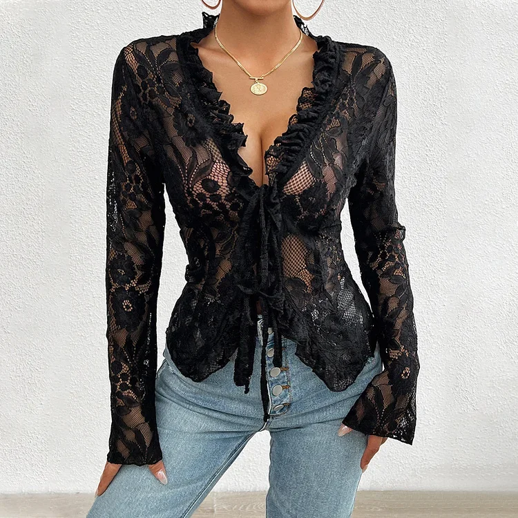 

Sexy Women Mesh Lace T-Shirts Long Sleeve Tops Transparent Casual Sheer Basic Tie Front Shirt Blouses Woman's Clothing 2025