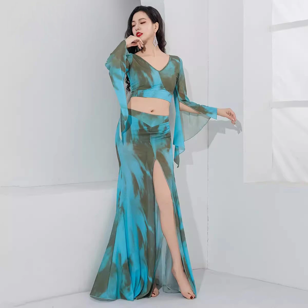 Tie-dyed Costume Belly Dance Oriental Dance Soft Stretched Outfit Group Dance Class Outfits Front Slit Long Skirt 2 pieces Set