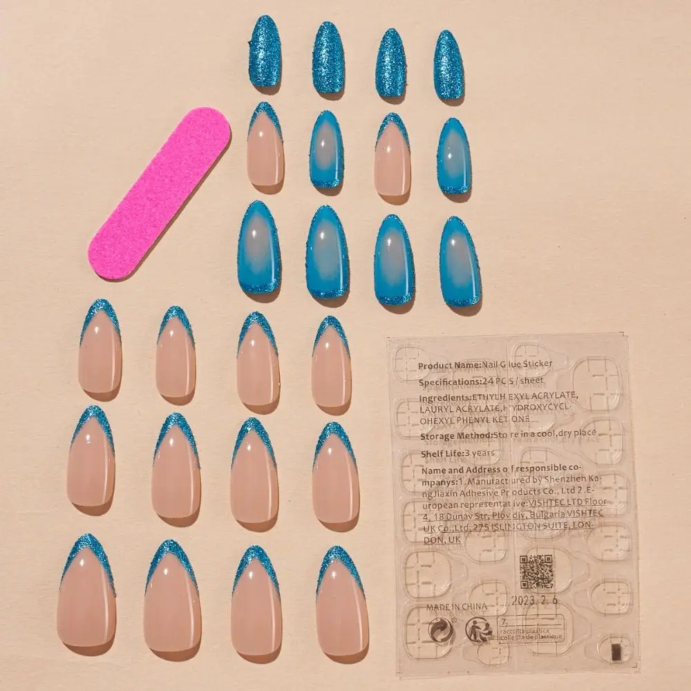 Manicure Long Almond False Nails French Leaf Butterfly Fake Nials Detachable Blue Gradient Nail Tips at Home