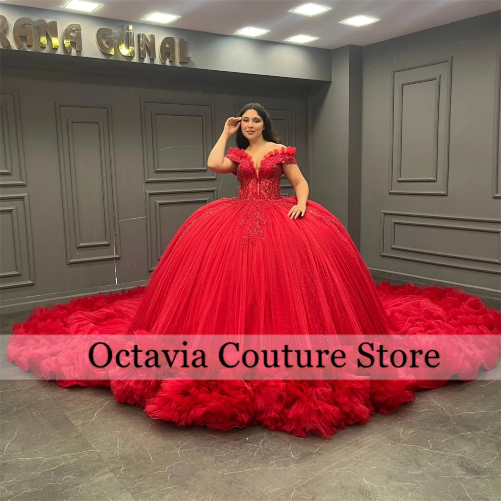 Mexico Red Off The Shoulder Quinceanera Dress Ball Gown Bead Appliques 2024 Birthday Luxury Dress Ruffles Princess Gown Sweet 16