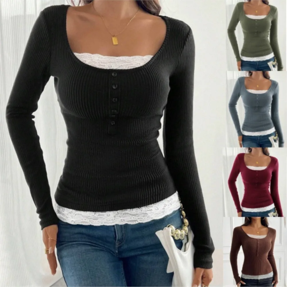 

Женская элегантная блузка с квадратным вырезом, кружевом, вязаная, на пуговицах, с вырезами, приталенная, с длинным рукавом, для повседневной носки, весна 2026