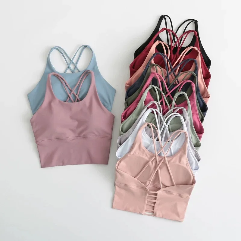 

Women U Neck Sports Bra Built In Pads Butterfly Cross Backless Fitness Yoga Bra TComfort hin Strap Tank Top for Gym and Yoga