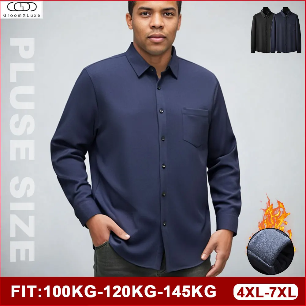 GROOMXLUXE Men's Large Size Warm Shirt Long Sleeve Business Pullover Oversized Stretch Fleecing Luxury T op 100KG-145KG 7XL 6XL