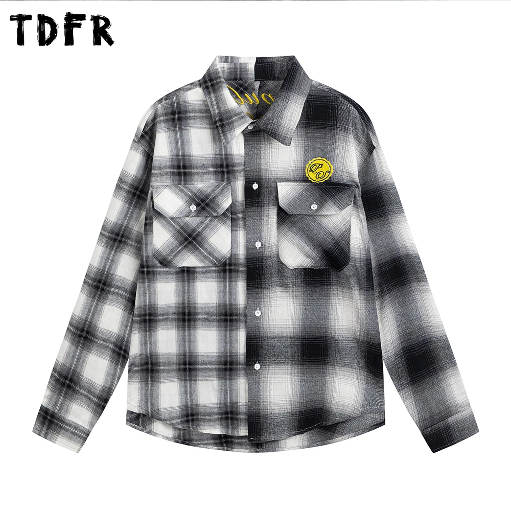 

Patchwork Plaid Long Sleeve Shirts Mens Letter Embroidery Spring Retro Streetwear Loose Lapel Single Breasted Shirts Men