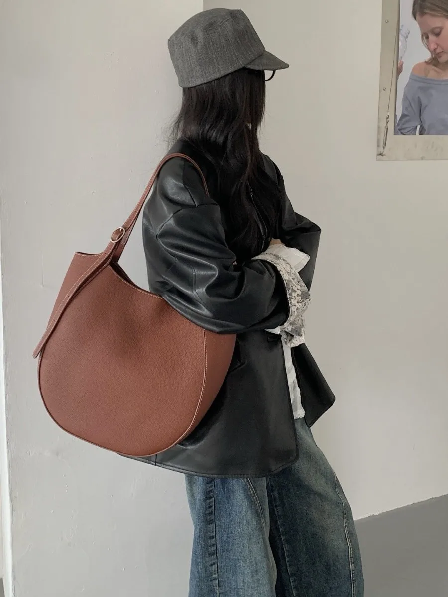 

Top Layer Cowhide Leather Women's Bag Large Capaci Commuter Tote Bag Lazy Sle Underarm Bag Casual Simple Sle