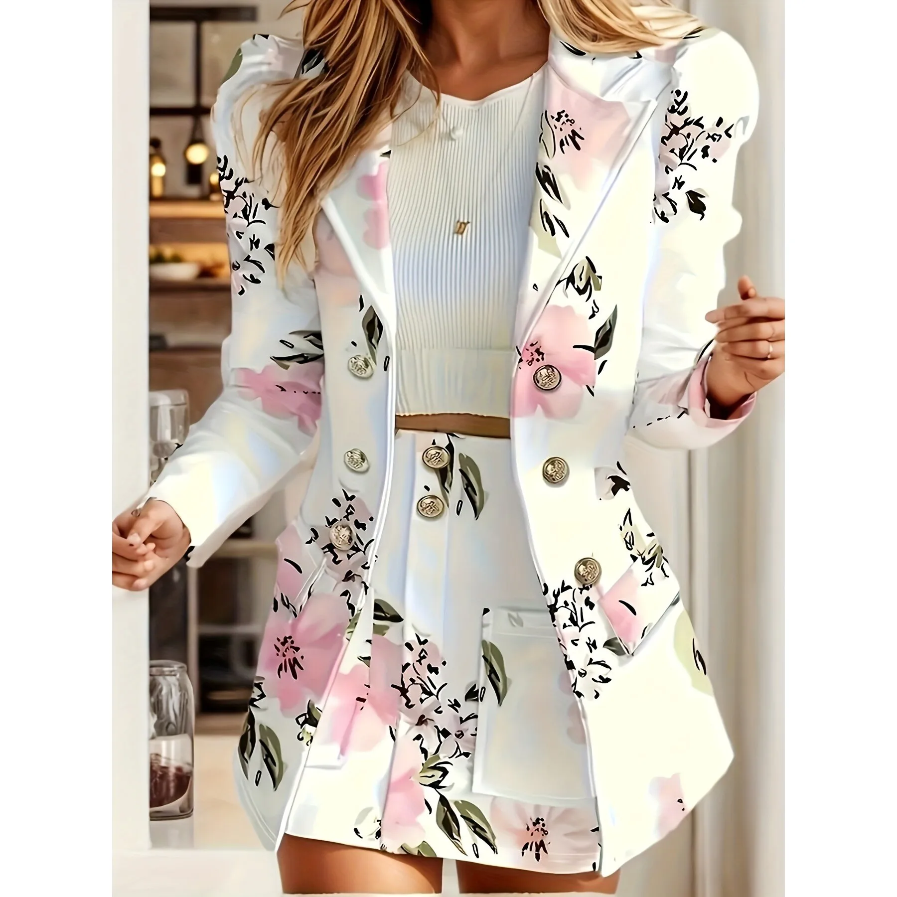 

Spring Floral Suit Set Women's Short Skirt Floral Print Fashionable Workwear Summer Collection S 59041 Cross-Border Shipping