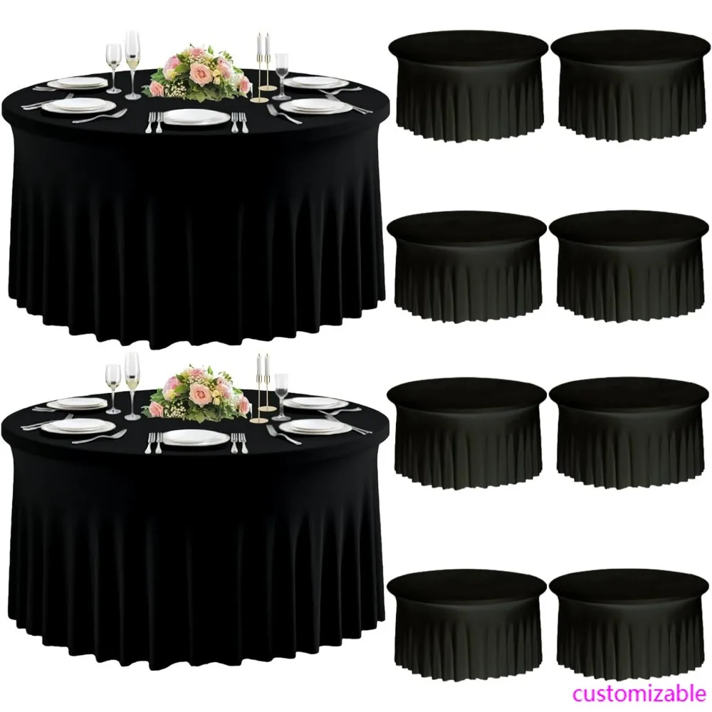 Juego de 10 manteles redondos negros de LICRA para mesas de 60 pulgadas, fundas elásticas ajustadas de 120 pulgadas para mesas redondas de 5 pies, arrugadas R