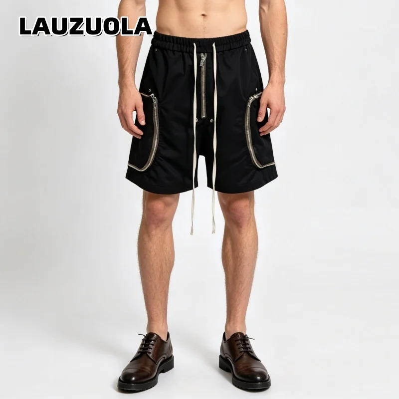 Gothic Black Nylon Shorts Men's Multi-Zipper Design Loose Knee Length Shorts Streetwear Casual Workwear Shorts with Drawstring