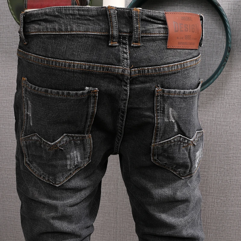 Italian Style Fashion Men Jeans High Quality Retro Black Gray Elastic Slim Fit Ripped Jeans Men Vintage Designer Denim Pants