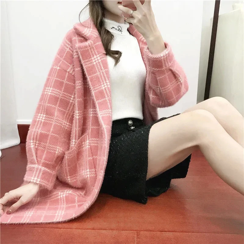 Imitation Mink Velvet Cardigan Coat Women New Midi Trench Coats Autumn Winter Korean Thick Loose Warm All Match Plaid Overcoat