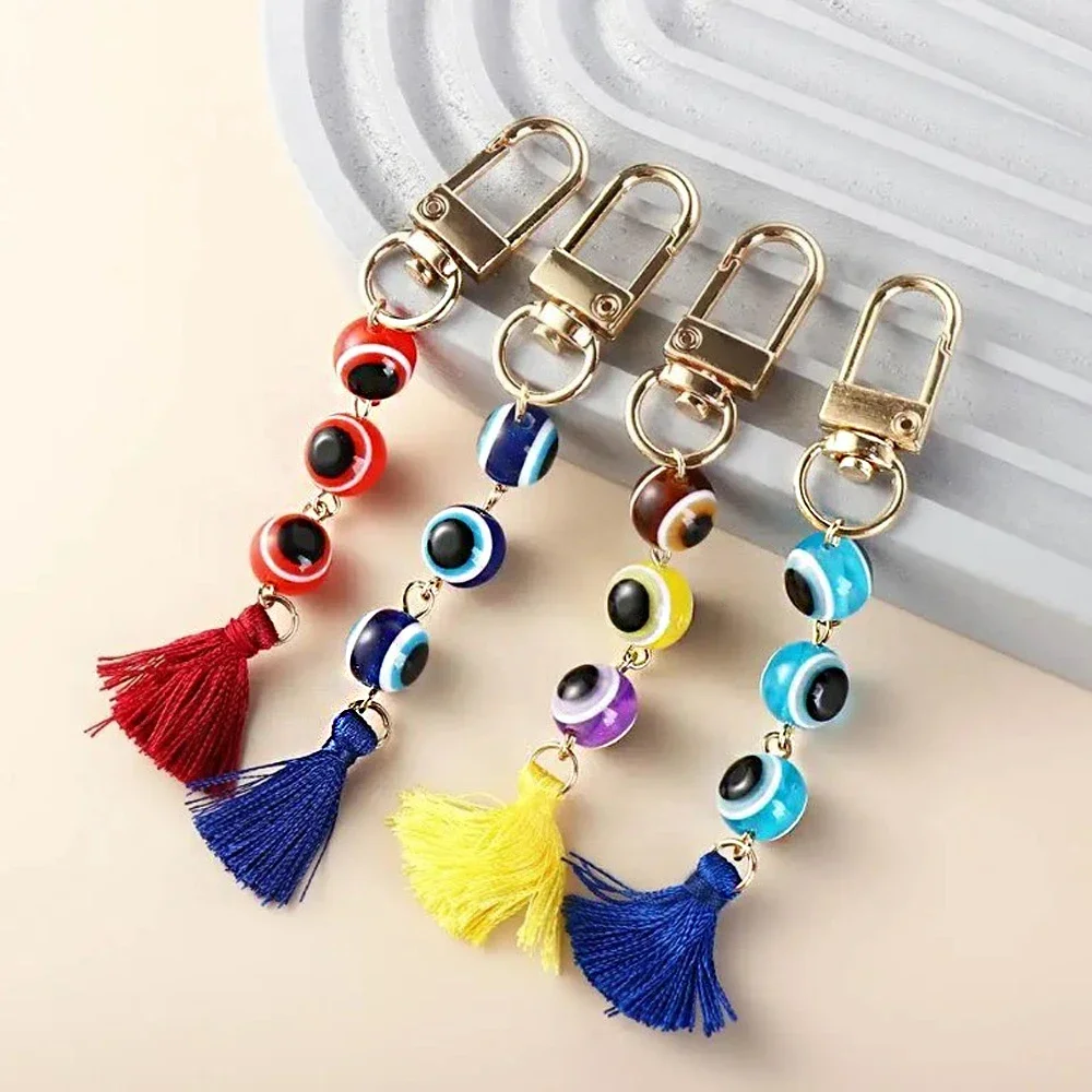 Lucky Turkish Evil Eye Keychain Blue Devil'S Eye Beaded Tassel Pendant With Key Ring Women Girl Earphone Case Bag Decor Ornament