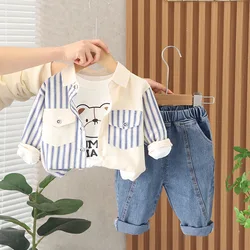 Spring Autumn Baby Boy Clothes 1 to 5 Years Striped Long Sleeve Shirts Cartoon White T-shirts Jeans Kids Back to School Outfits