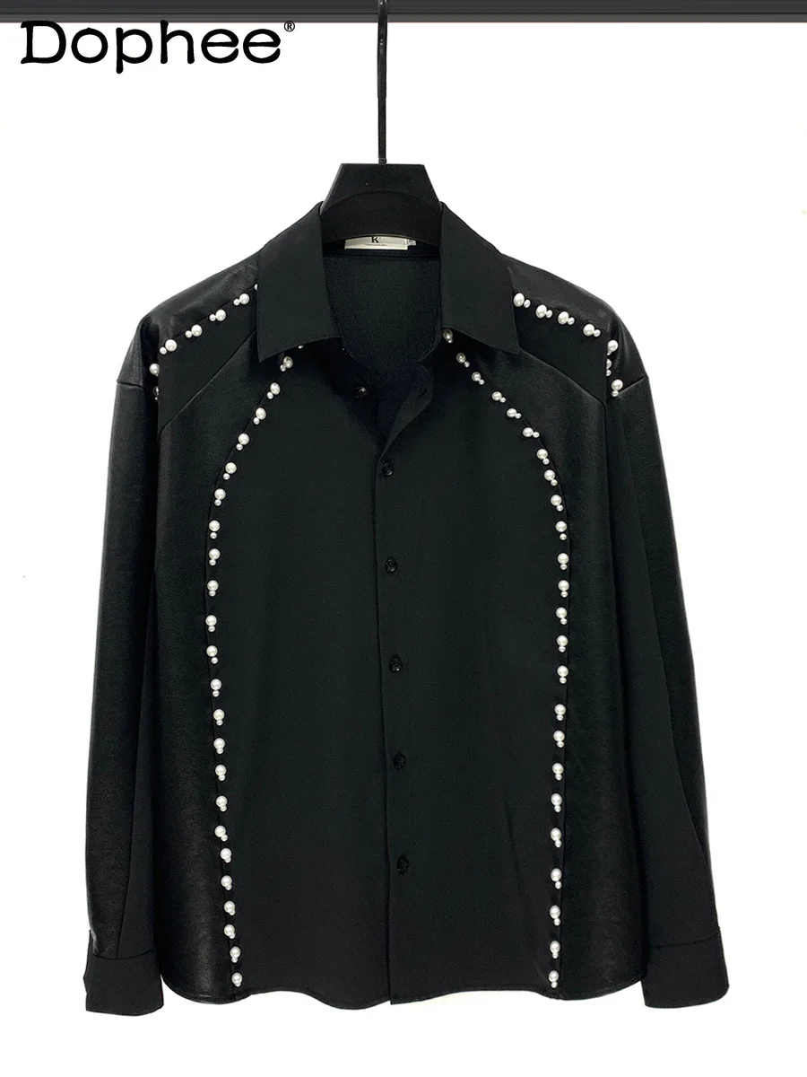 

Рубашка мужская однотонная с жемчужинами, шикарная Повседневная модная блуза свободного покроя, Однорядная кофта с множеством пряжек, осень 2024