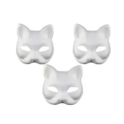 Gato branco Therian Metade Animal Máscaras, em branco DIY Halloween Máscara, Masquerade Cosplay Party, 3Pcs