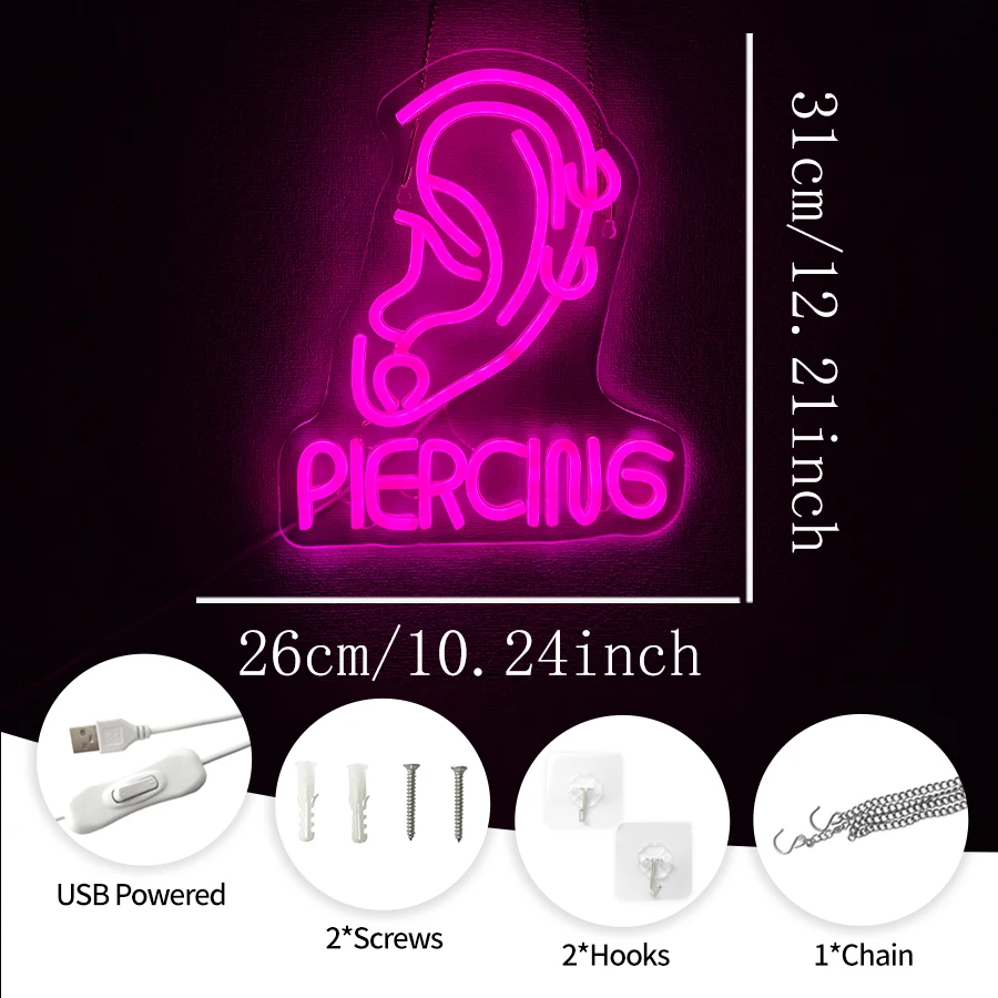 Ear Piercing Neon Sign,LED Creative Ear Earring Neon Light, Tattoo Studio Barber Salon Massage SPA Shop Neon Light Decoration