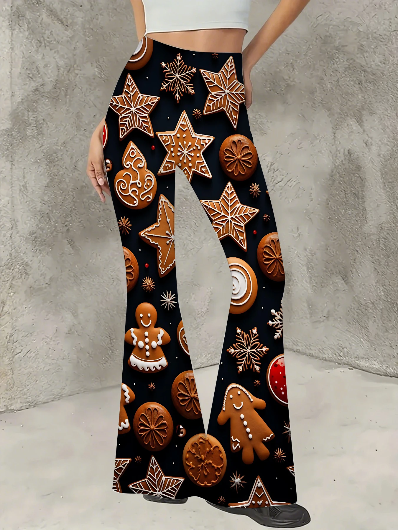 

Y2K Graphic Print Flare Pants Women High Waist Knit Bell Bottom Trousers