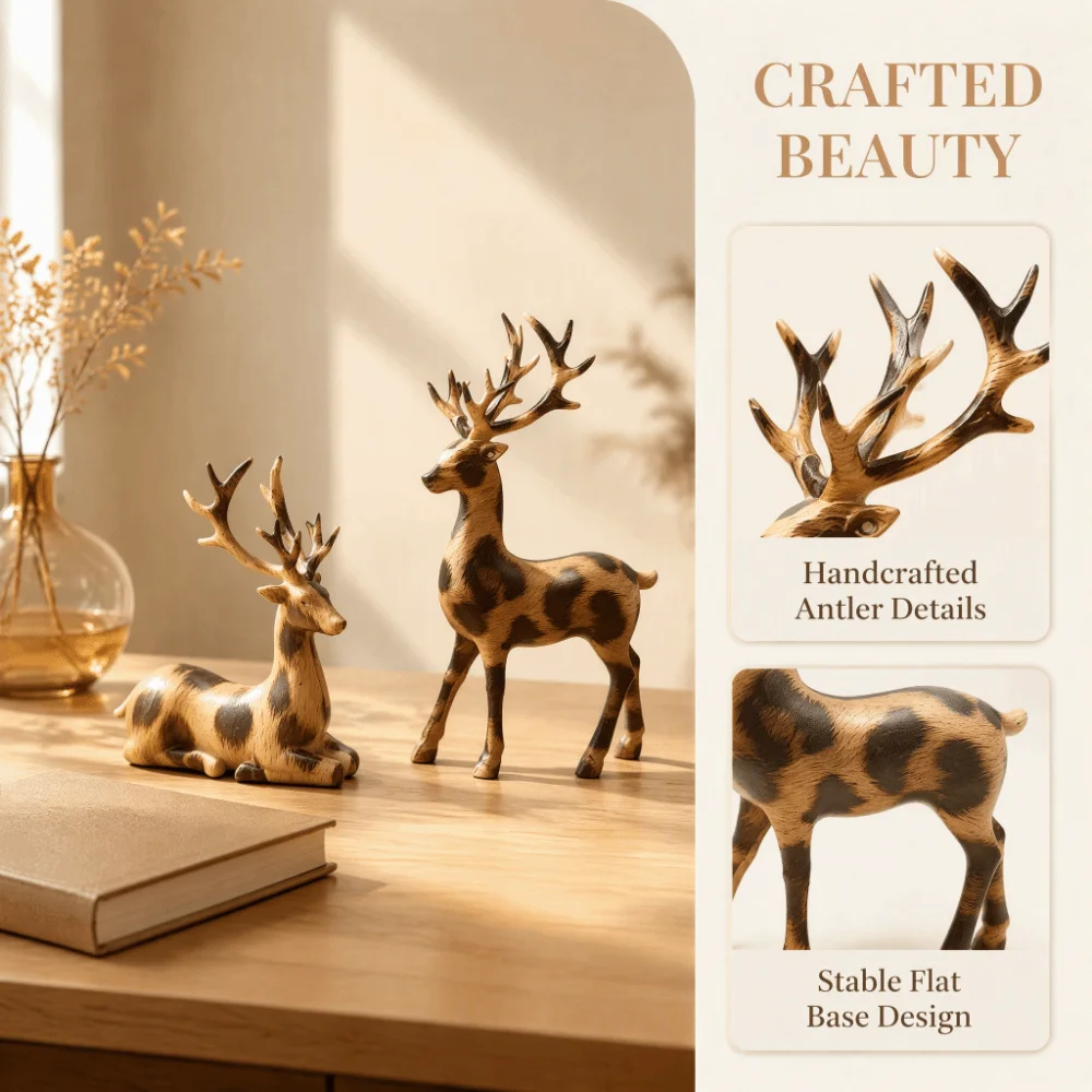 1 Pair Vintage Christmas Deer Figurine Sitting/Standing Position Plastic Small Deer Ornament Realistic 3D Crafts