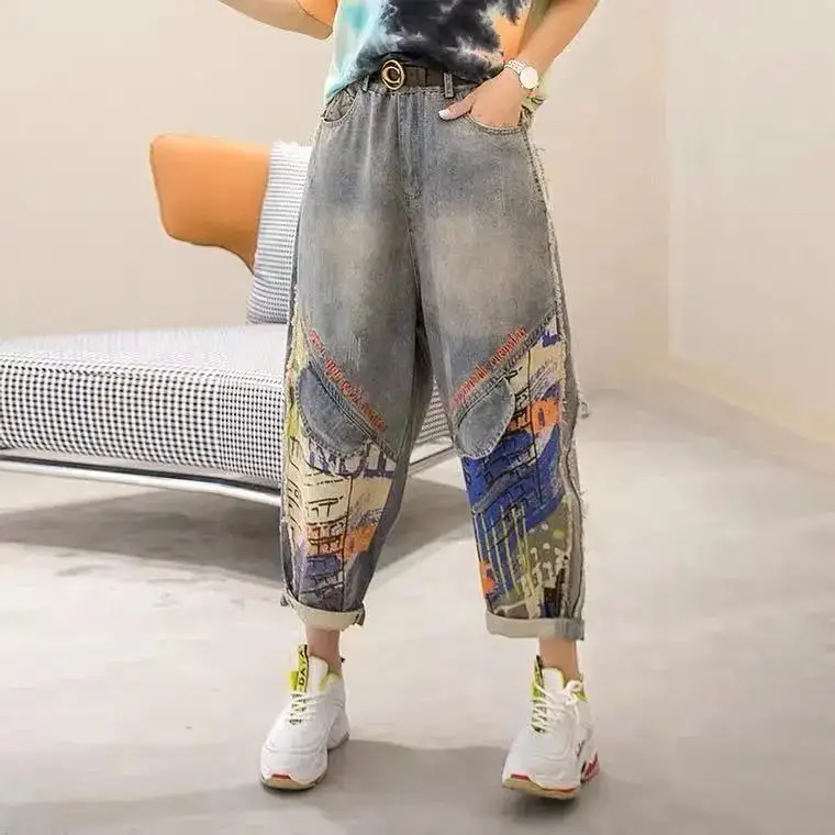 

Faionable Patchwork Distred Denim Overalls Vintage Loose Dad Pants Nine-Foot Printed Jeans High Waist Harlan Sle Light...